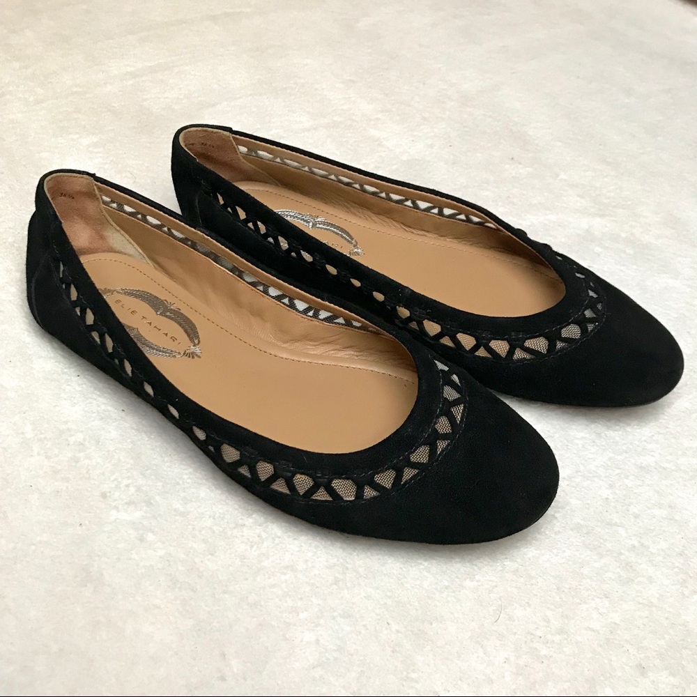 Elie Tahari Black Suede Lattice Ballet Flats